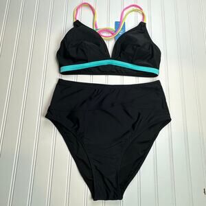 Cupshe Women Black Neon Bikini Set Strappy High Waist Cheeky M NWT